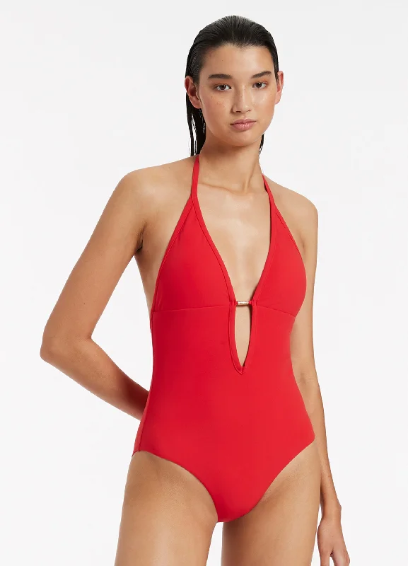 ladies one-piece swimsuit flip wear -Jetset Plunge One Piece - Cherry