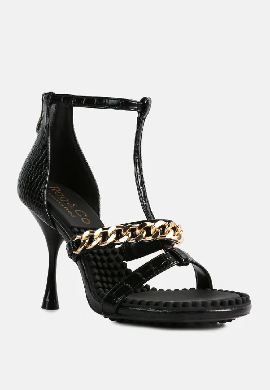 Women’s sandals embellished leather glow -DAKOTA Metal Chain Embellishment Sandals in Black