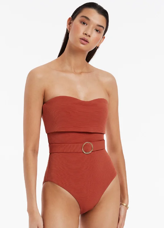 ladies one-piece swimsuit thick swim -Isla Rib Fold Down Bandeau One Piece - Russet