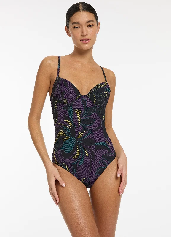 ladies one-piece swimsuit blunt collar -Midnight Tropical Moulded Underwire One Piece - Amethyst