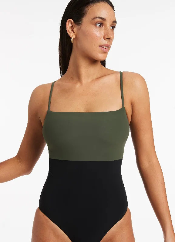 ladies one-piece swimsuit 60s retro -Versa Tank One Piece - Olive