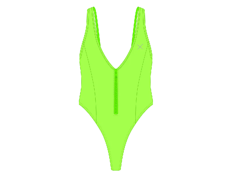 ladies one-piece swimsuit foam padding -Lime Green Zipper One-Piece