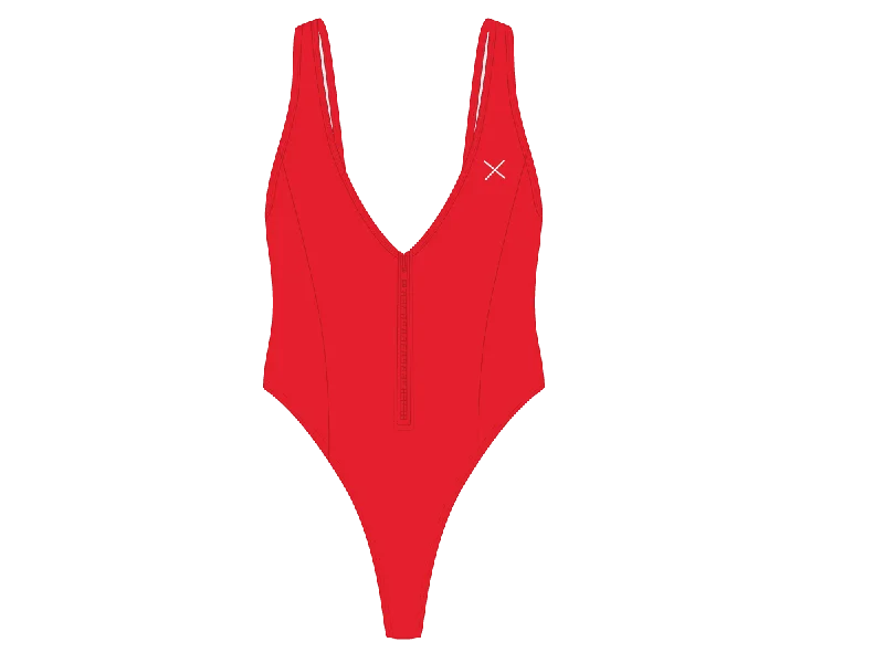 ladies one-piece swimsuit neon coral -Rose Red Zipper One-Piece