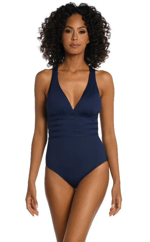 ladies one-piece swimsuit chlorine proof -La Blanca Island Goddess Cross Back Mio One Piece Swimsuit - Indigo - FINAL SALE