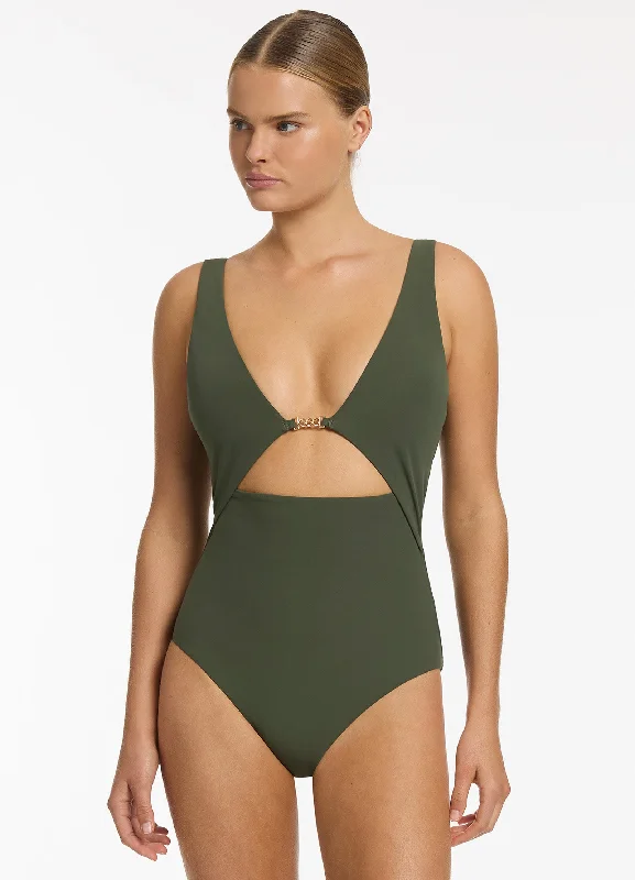 ladies one-piece swimsuit city swim -Lien Plunge One Piece - Olive