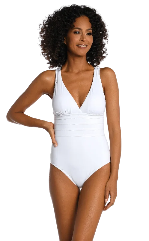 ladies one-piece swimsuit bold curve -La Blanca Island Goddess Cross Back Mio One Piece Swimsuit - White - FINAL SALE