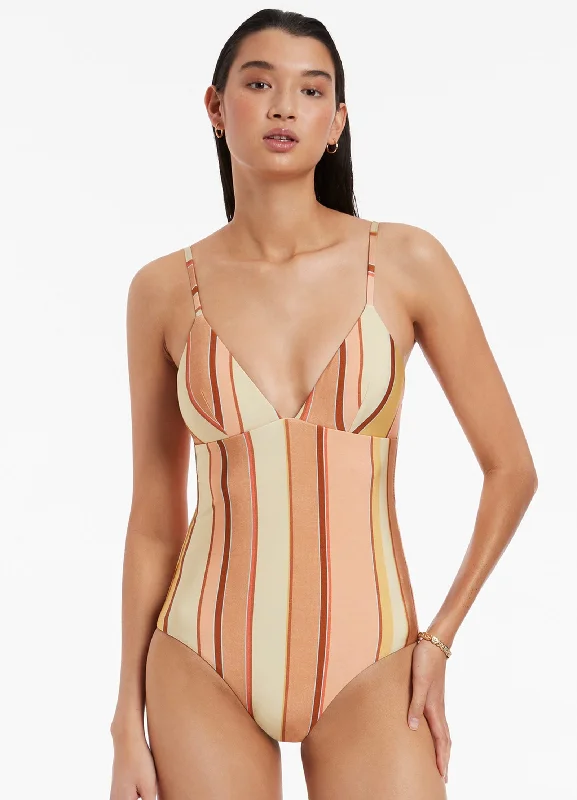 ladies one-piece swimsuit domed cups -Fira Stripe V-Neckline One Piece - Marigold