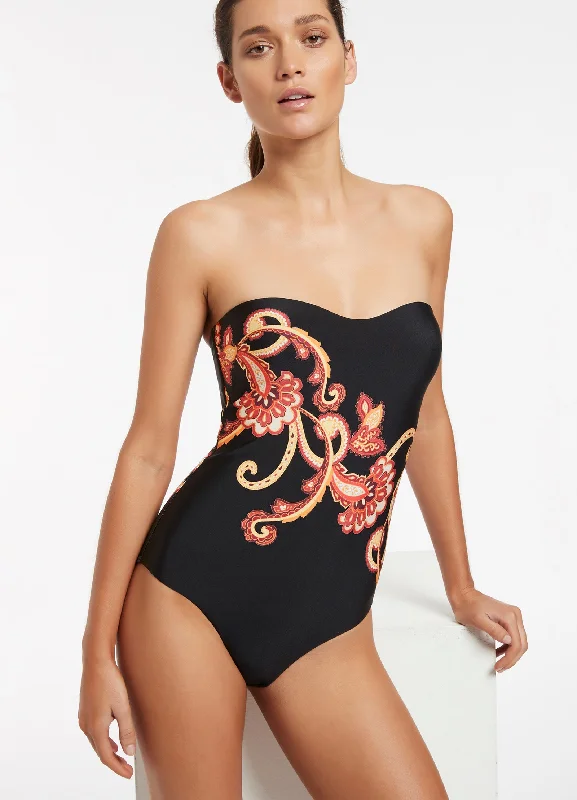 ladies one-piece swimsuit flared shape -Silk Road Bandeau One Piece - Black