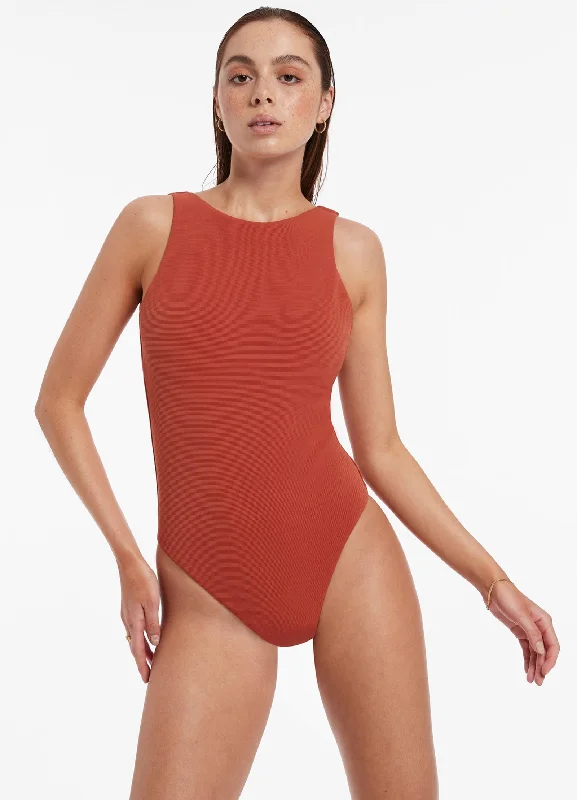 ladies one-piece swimsuit jagged trim -Isla Rib High Neck One Piece - Russet