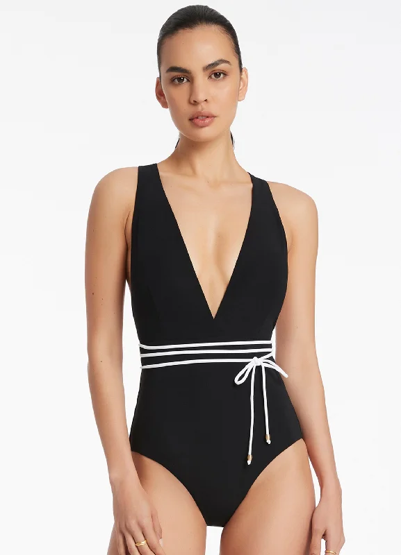 ladies one-piece swimsuit iridescent glow -Jetset Plunge One Piece - Black