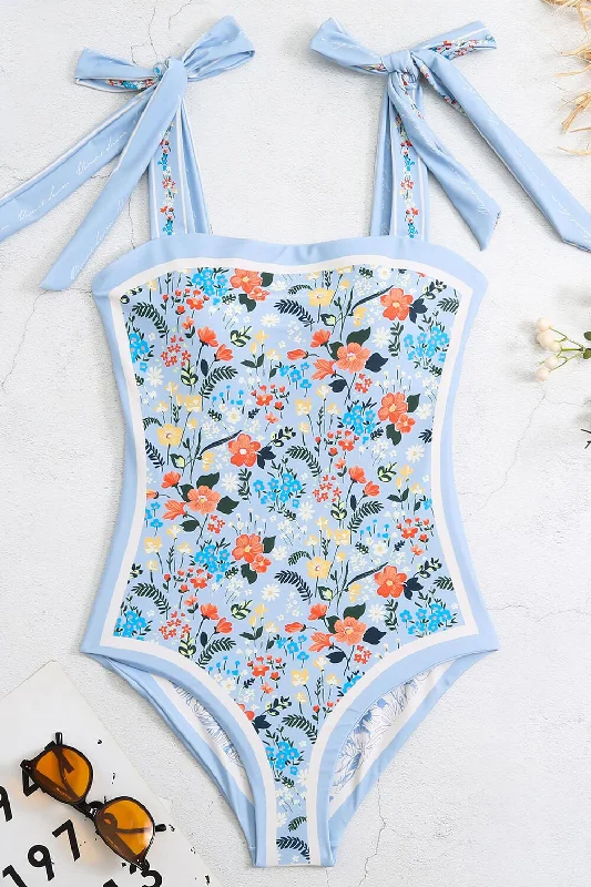 ladies one-piece swimsuit grooved neck -Vintage Blue Floral Print Reversible Tie-Shoulder One Piece Swimsuit