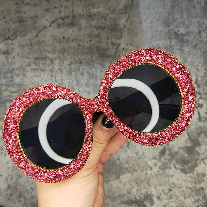 Women’s sunglasses sunrise flair -Women's Vintage Hip Hop Rhinestone Crystal Designer Round Sunglasses