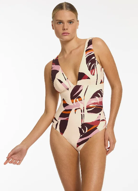 ladies one-piece swimsuit pop dip -Shadow Palm Plunge One Piece - Port