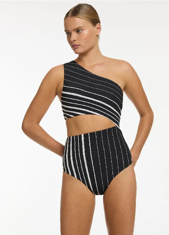 ladies one-piece swimsuit slim shield -Lunar Stripe One Shoulder Cut Out One Piece - Black/Chalk