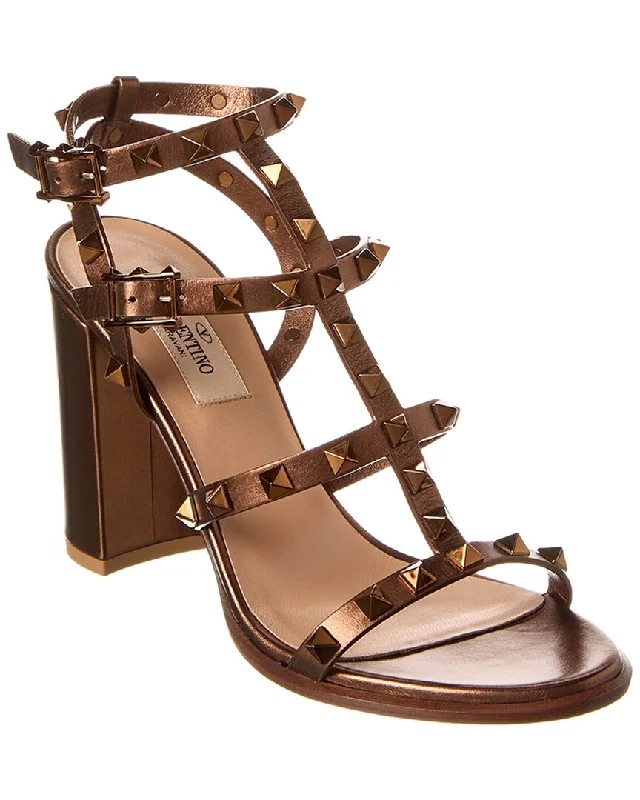 Women’s sandals durable leather chic -Valentino Rockstud Caged 90 Metallic Leather Ankle Strap Sandal