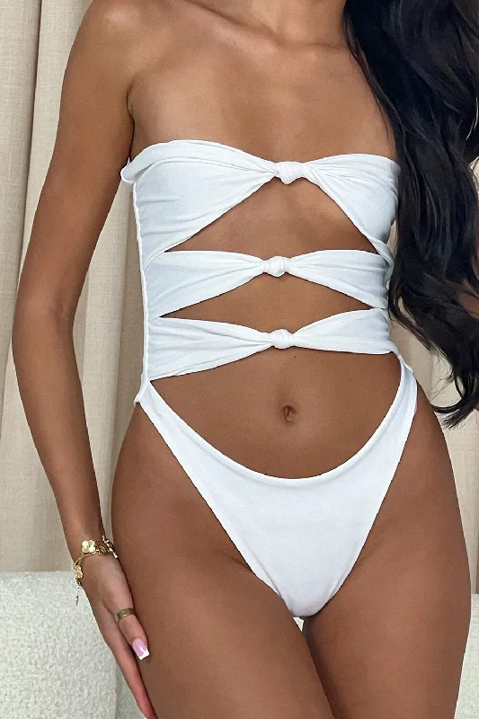 ladies one-piece swimsuit rhinestone trim -Knot Cut Out Strapless One Piece Swimsuit - White