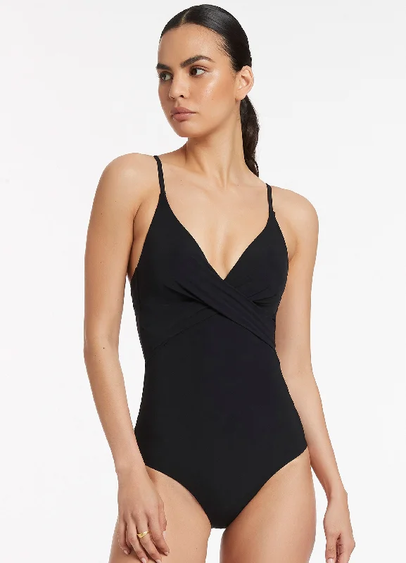 ladies one-piece swimsuit flat shine -Jetset Cross Over Moulded One Piece - Black