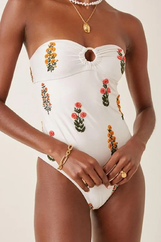 ladies one-piece swimsuit vivid shades -Floral-Embroidered Strapless One Piece Swimsuit With O-Ring Detailing