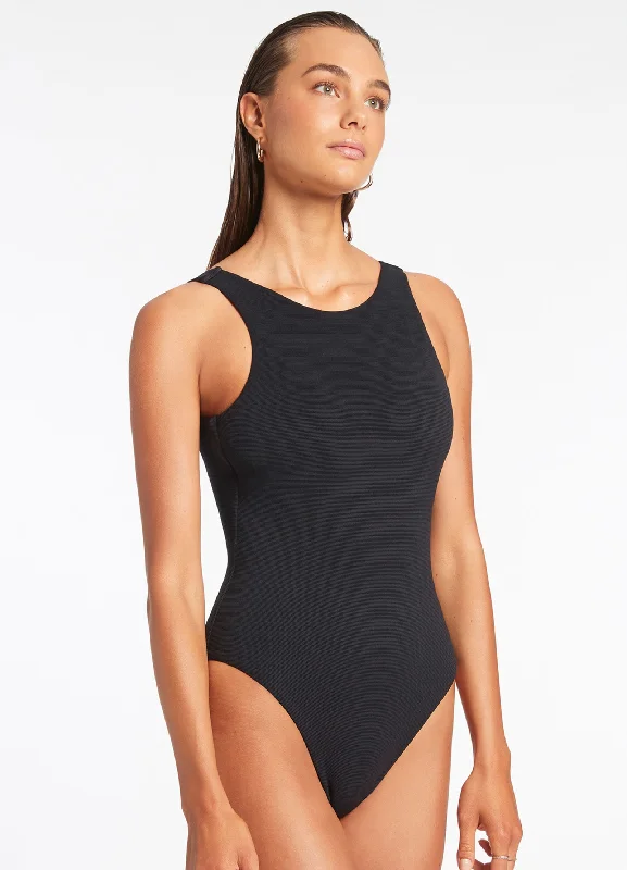 ladies one-piece swimsuit snap closure -Isla Rib High Neck One Piece - Black