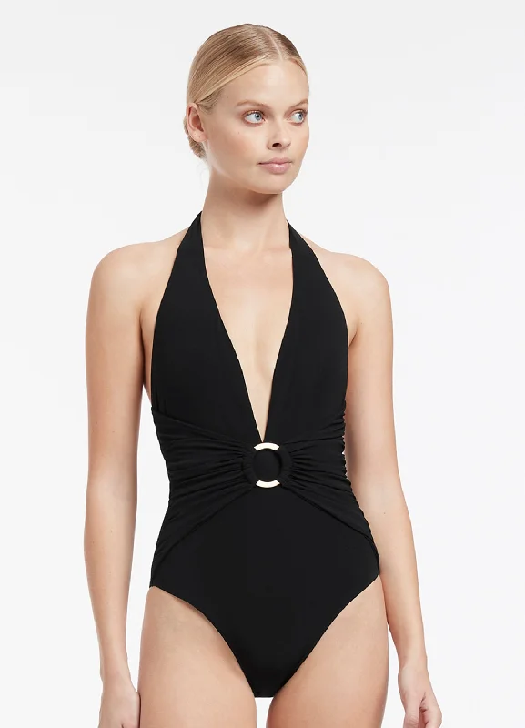 ladies one-piece swimsuit dry swift -Jetset Plunge One Piece - Black