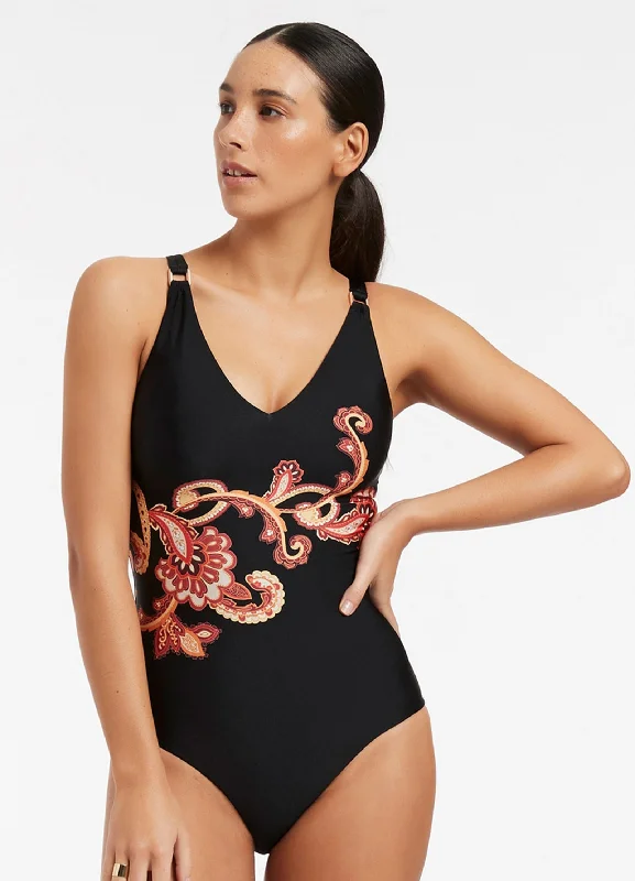 ladies one-piece swimsuit shirred back -Silk Road D/DD Trim One Piece - Black