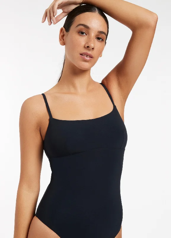 ladies one-piece swimsuit belted front -Jetset Tank One Piece - Deep Navy