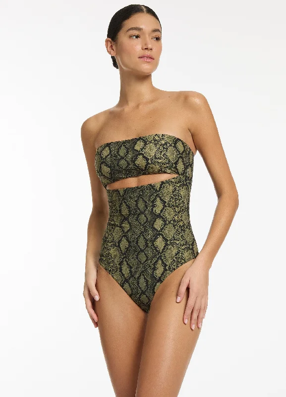 ladies one-piece swimsuit flip wear -Python Splice Bandeau One Piece - Olive