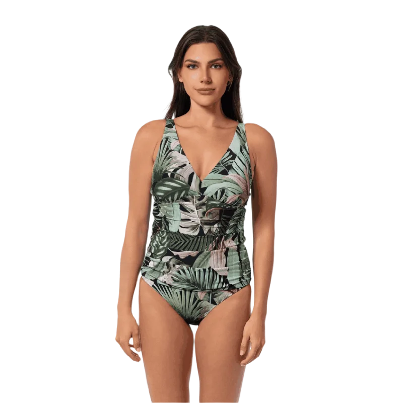 ladies one-piece swimsuit hand shaped -Jantzen Surplice Mio One Piece Swimsuit - Jungle Glam