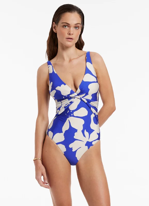 ladies one-piece swimsuit stretch dip -Emporio D-DD Twist Front One Piece - Sapphire