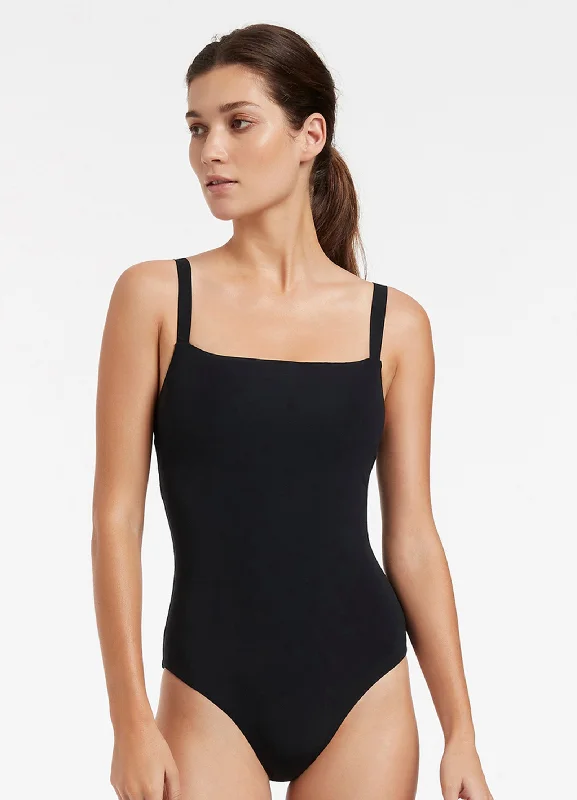 ladies one-piece swimsuit lock back -Jetset Square Neck Tank One Piece - Black