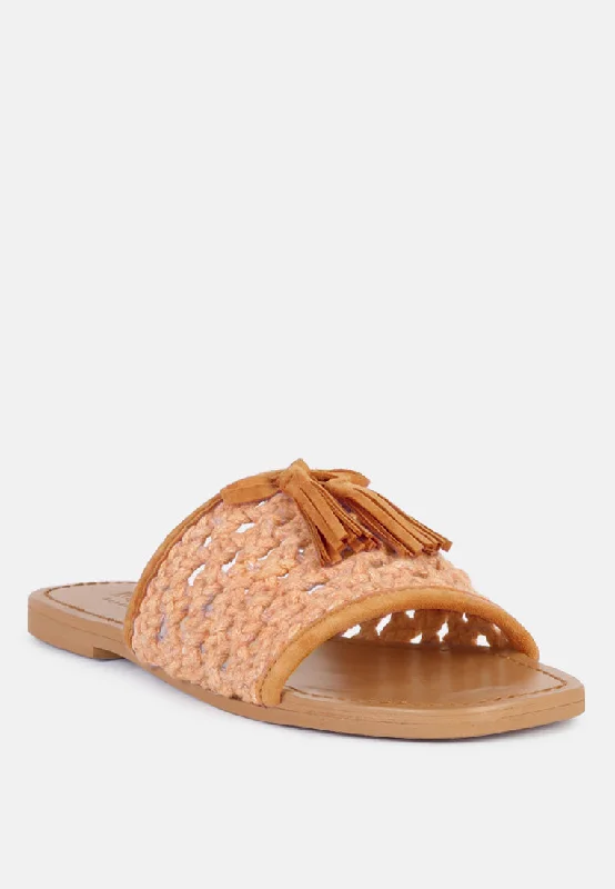 Women’s sandals petite velvet chic -CEDAR Handwoven Natural Tan Tassel Flats