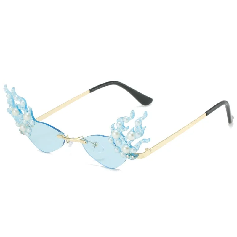 Women’s sunglasses flirty vibrant glow -Women's Punk Rimless Fire Pearl Decor UV400 Frameless Sunglasses